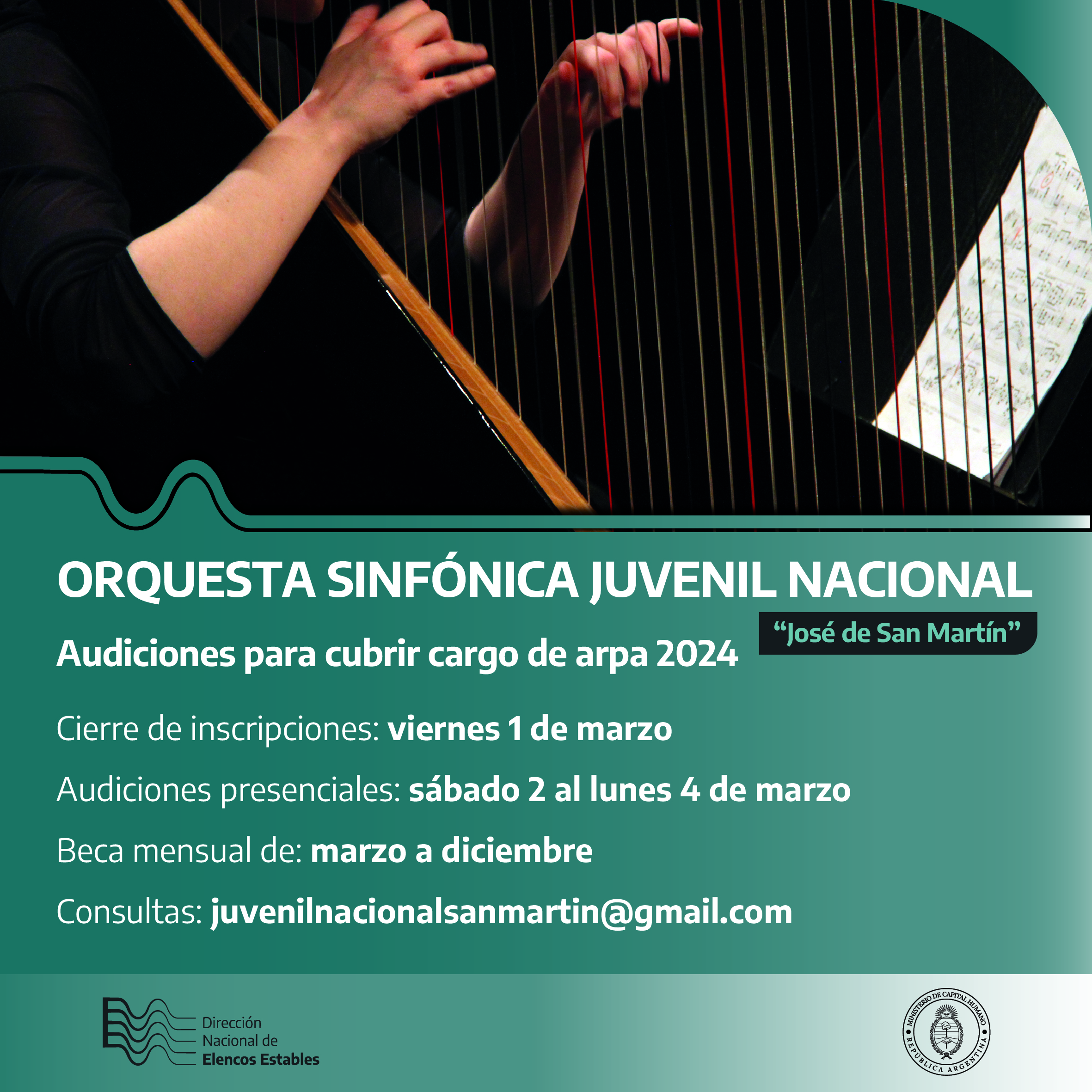 Audiciones para ejecutante de Arpa.- Orquesta Sinfónica Juvenil Nacional José de San Martín.- Convocatoria 2024.